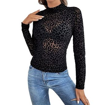 Womens Mesh Long Sleeve Tops Mock Neck Going Out See Through Shirts Sheer Blouses Clubwear