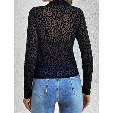 Womens Mesh Long Sleeve Tops Mock Neck Going Out See Through Shirts Sheer Blouses Clubwear