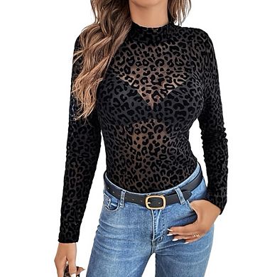 Womens Mesh Long Sleeve Tops Mock Neck Going Out See Through Shirts Sheer Blouses Clubwear