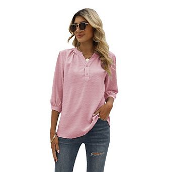 Women's 3/4 Sleeve Blouses Casual Henley V-Neck Button Down Swiss Dot Blouses Dressy Casual Blouse
