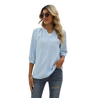 Women's 3/4 Sleeve Blouses Casual Henley V-Neck Button Down Swiss Dot Blouses Dressy Casual Blouse