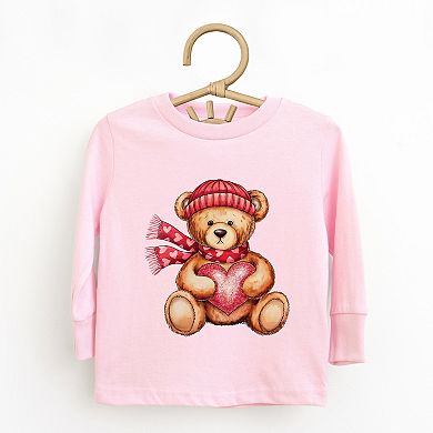 Valentine Teddy Bear Beanie - Toddler Long Sleeve Graphic Tee