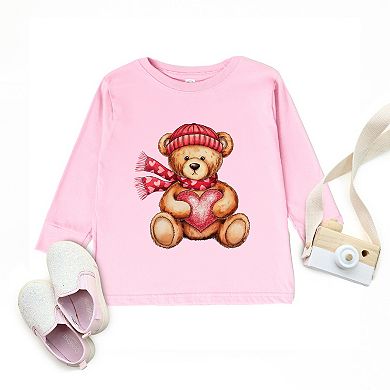 Valentine Teddy Bear Beanie - Toddler Long Sleeve Graphic Tee