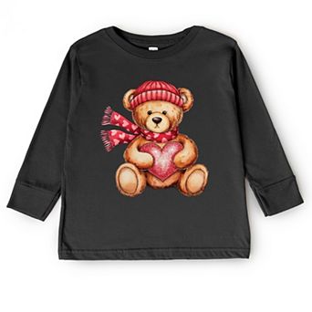 Valentine Teddy Bear Beanie - Toddler Long Sleeve Graphic Tee