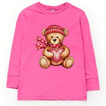 Valentine Teddy Bear Beanie - Toddler Long Sleeve Graphic Tee