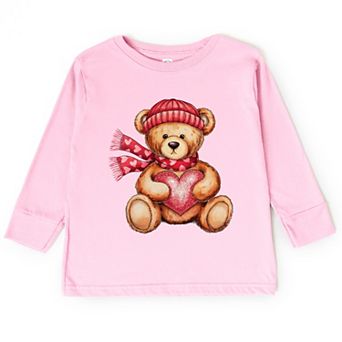 Valentine Teddy Bear Beanie - Toddler Long Sleeve Graphic Tee