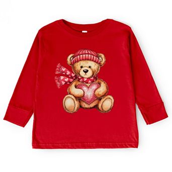Valentine Teddy Bear Beanie - Toddler Long Sleeve Graphic Tee