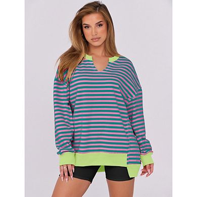 Women Oversize Stripe Crewneck Sweatshirt Long Sleeve Color Block Pullover Tops Casual Workout Shirt