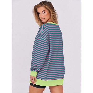 Women Oversize Stripe Crewneck Sweatshirt Long Sleeve Color Block Pullover Tops Casual Workout Shirt