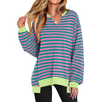 Women Oversize Stripe Crewneck Sweatshirt Long Sleeve Color Block Pullover Tops Casual Workout Shirt
