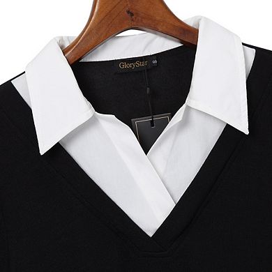 Women's Plus Size Short Sleeve Casual V-neck Color Blocked Work Shirt