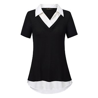 Women's Plus Size Short Sleeve Casual V-neck Color Blocked Work Shirt