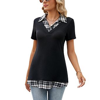 Women's Plus Size Short Sleeve Casual V-neck Color Blocked Work Shirt