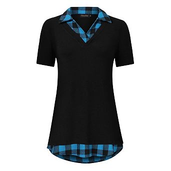 Women's Plus Size Short Sleeve Casual V-neck Color Blocked Work Shirt