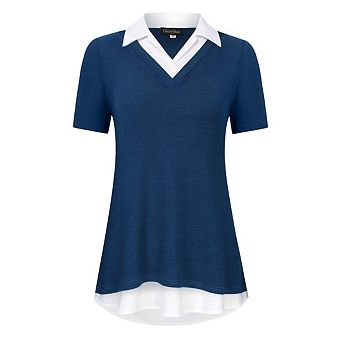 Women's Plus Size Short Sleeve Casual V-neck Color Blocked Work Shirt