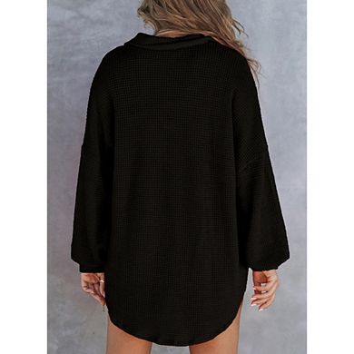 Women Waffle Knit Tops Henley Shirts Long Sleeve V Neck Solid Color Casual Tunic