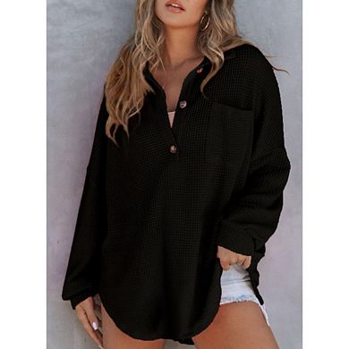 Women Waffle Knit Tops Henley Shirts Long Sleeve V Neck Solid Color Casual Tunic