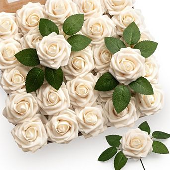 50 pc Rose Artificial Flowers, Cream White Fake Roses for Decorations, Real Touch Beige Foam Rose