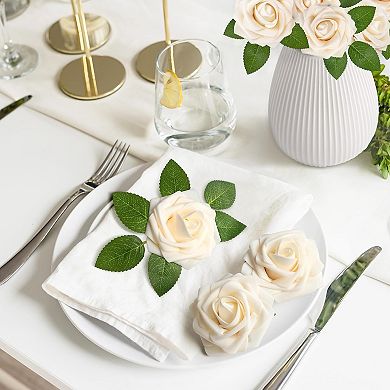 50Pcs Rose Artificial Flowers, Cream White Fake Roses for Decorations, Real Touch Beige Foam Rose