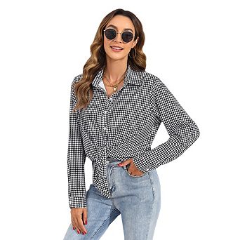 Women Gingham Long Sleeve Shirts Button Down Blouses V Neck Plaid Tops Business Outfits