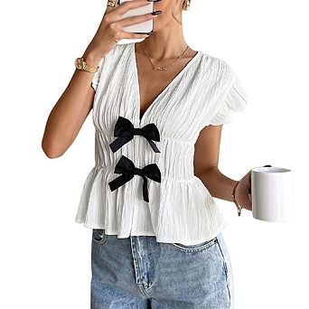 Women's Bow Textured Ruffle Peplum Top Coquette Deep V Neck Cap Sleeve Dressy Blouse