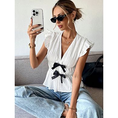 Women's Bow Textured Ruffle Peplum Top Coquette Deep V Neck Cap Sleeve Dressy Blouse