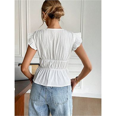 Women's Bow Textured Ruffle Peplum Top Coquette Deep V Neck Cap Sleeve Dressy Blouse