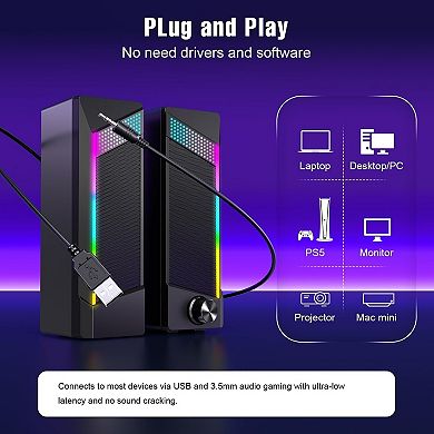 2 in 1 PC Speakers: Hi-Fi Stereo, Touch Light, USB & 3.5mm, Plug & Play, Easy Control
