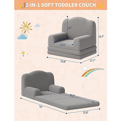 Kids' Sherpa Convertible Sofa Bed - Crown Design, Washable Cover for Nursery & Playroom