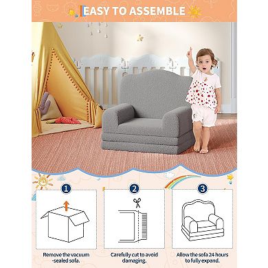 Kids' Sherpa Convertible Sofa Bed - Crown Design, Washable Cover for Nursery & Playroom