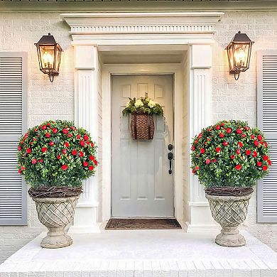 2-Pack Artificial Topiary Ball Trees with Rose Flowers & Metal Spikes for Indoor/Outdoor