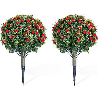 2-Pack Artificial Topiary Ball Trees with Rose Flowers & Metal Spikes for Indoor/Outdoor