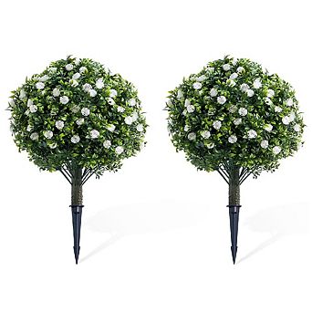 2-Pack Artificial Topiary Ball Trees with Rose Flowers & Metal Spikes for Indoor/Outdoor