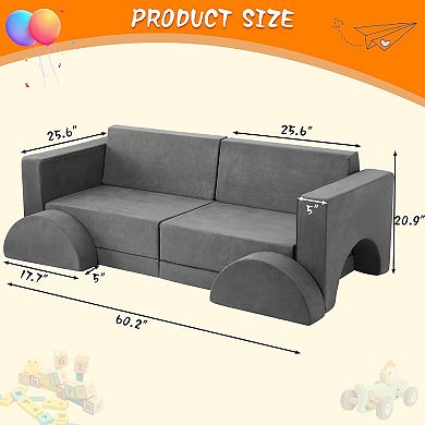 Machine-Washable Kids Play Couch, 8-Piece Modular Sofa for Toddlers, Convertible Foam Playset