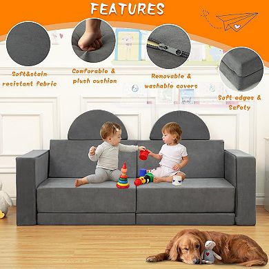 Machine-Washable Kids Play Couch, 8-Piece Modular Sofa for Toddlers, Convertible Foam Playset