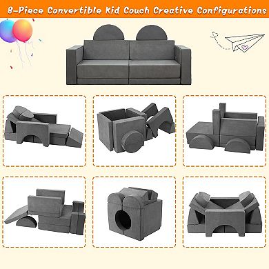 Machine-Washable Kids Play Couch, 8-Piece Modular Sofa for Toddlers, Convertible Foam Playset
