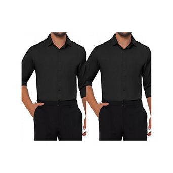 2 Packs Men's Point Collar Button Long Sleeve Solid Color Business Dress Shirts