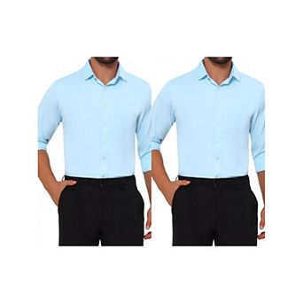 2 Packs Men's Point Collar Button Long Sleeve Solid Color Business Dress Shirts