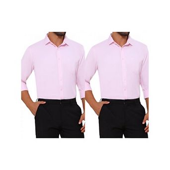 2 Packs Men's Point Collar Button Long Sleeve Solid Color Business Dress Shirts