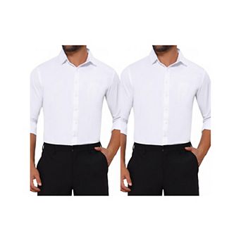 2 Packs Men's Point Collar Button Long Sleeve Solid Color Business Dress Shirts
