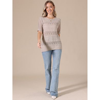 Crochet Tops for Women's Summer Sweater Lightweight Short Sleeve Pullover Knit Top