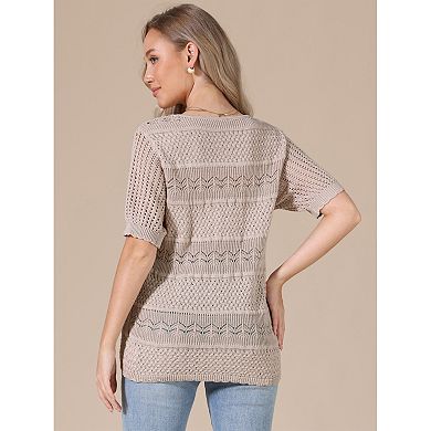 Crochet Tops for Women's Summer Sweater Lightweight Short Sleeve Pullover Knit Top