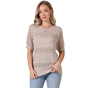 Crochet Tops for Women's Summer Sweater Lightweight Short Sleeve Pullover Knit Top