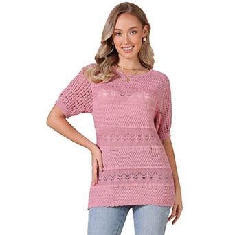 Crochet Tops for Women's Summer Sweater Lightweight Short Sleeve Pullover Knit Top