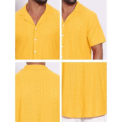 Men's Camp Collar Shirt Button Down Short Sleeve Hollow Texture Knit Shirts