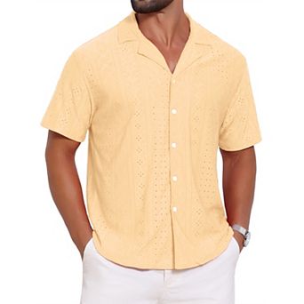 Men's Camp Collar Shirt Button Down Short Sleeve Hollow Texture Knit Shirts