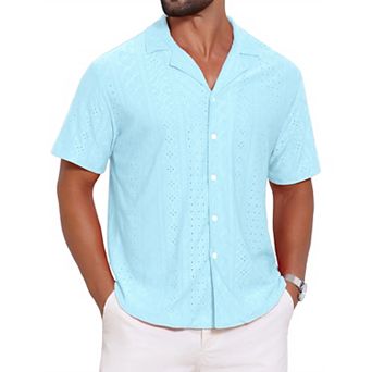 Men's Camp Collar Shirt Button Down Short Sleeve Hollow Texture Knit Shirts
