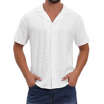 Men's Camp Collar Shirt Button Down Short Sleeve Hollow Texture Knit Shirts