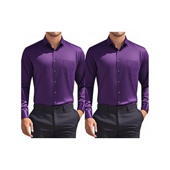 2 Packs Men's Dress Shirts Solid Long Sleeve Formal Business Button Down Shirts with Pockets