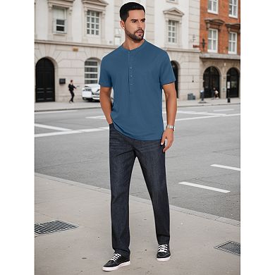 Men's Henley Shirt Breathable Short Sleeve Button Down T-Shirts